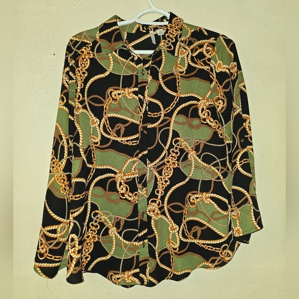Cato Black and Green Chain Print Button-Down Shirt